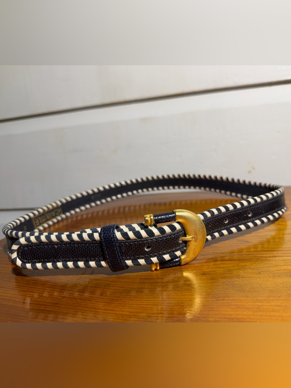 Vintage Striped Navy and Ivory Double-Wrap Leather Belt /Gold Buckle brass S/M